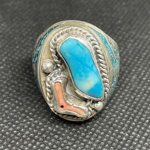 Navajo Style Turquoise and Coral Ring with Eagle accent